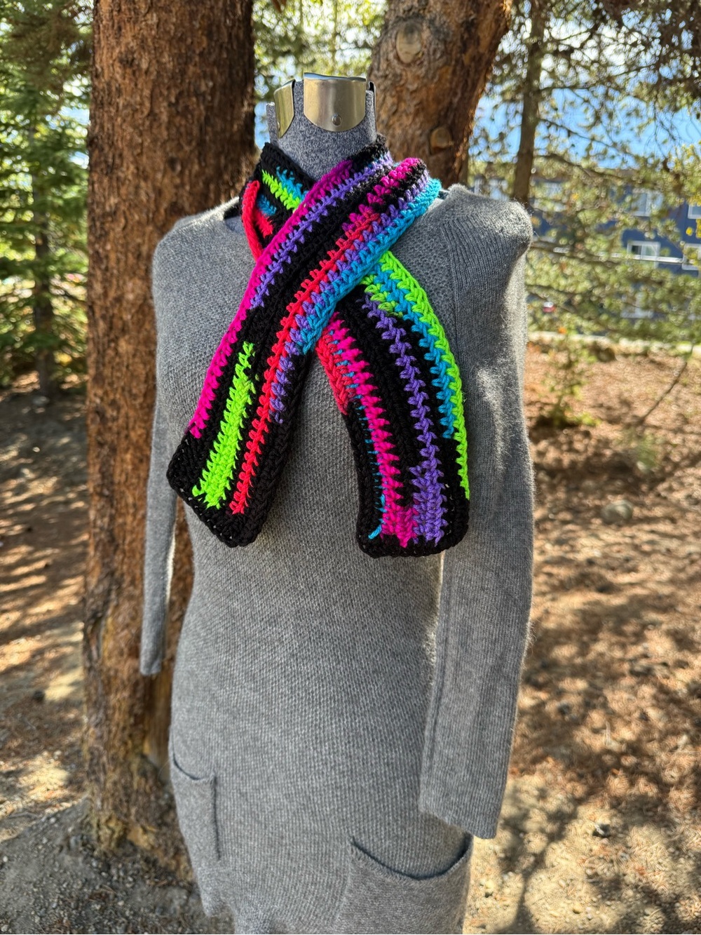 Handmade Multicolor Crochet Scarf with Black Trim- Kids Size